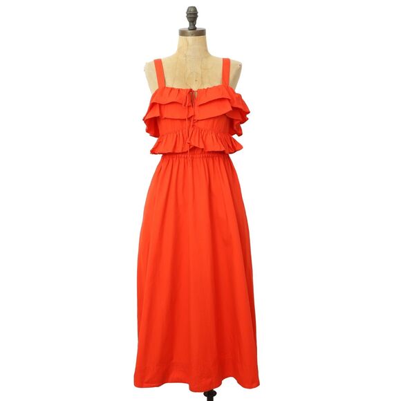 JASON WU Ruffle Bodice Midi Dress 4 Firecracker Red A-Line Sleeveless EUC B69 - Picture 2 of 7